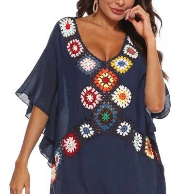 Femme robe main crochet patchwork irrégulier fendue profondeur V