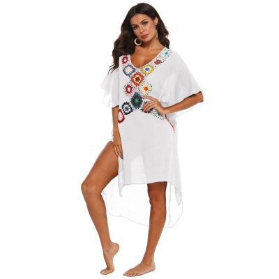 Femme robe main crochet patchwork irrégulier fendue profondeur V