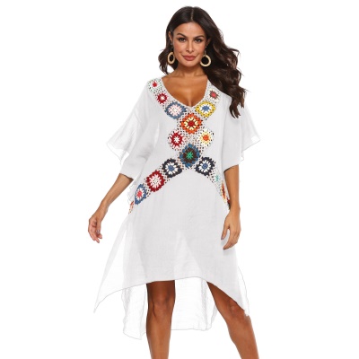 Femme robe main crochet patchwork irrégulier fendue profondeur V