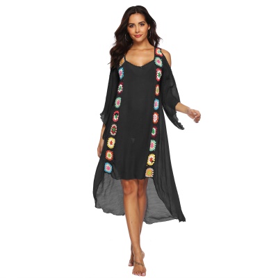 Femme robe main crochet patchwork épaule dénudée irrégulière
