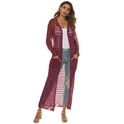 Manteau long tricoté en cardigan avec de grandes poches