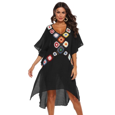 Femme robe main crochet patchwork irrégulier fendue profondeur V