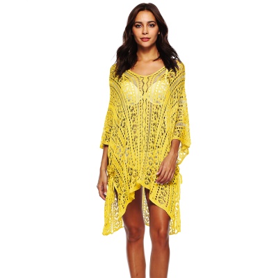 Robe femme manches chauve-souris crochet fleur ajourée col en V