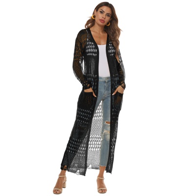 Manteau long tricoté en cardigan avec de grandes poches