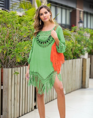 robe main crochet patchwork franges lâche couleur unie
