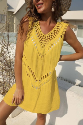 Robe femme crochet main patchwork col V polyester