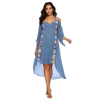 Femme robe main crochet patchwork épaule dénudée irrégulière