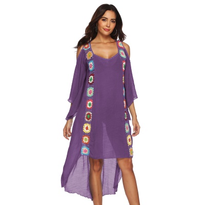 Femme robe main crochet patchwork épaule dénudée irrégulière