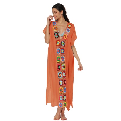 Femme robe main crochet patchwork fendue lâche