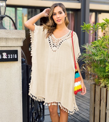 robe main crochet patchwork franges dos ouvert lâche fendue