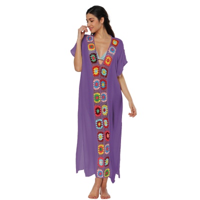 Femme robe main crochet patchwork fendue lâche