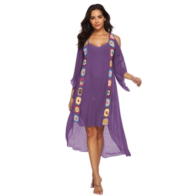 Femme robe main crochet patchwork épaule dénudée irrégulière