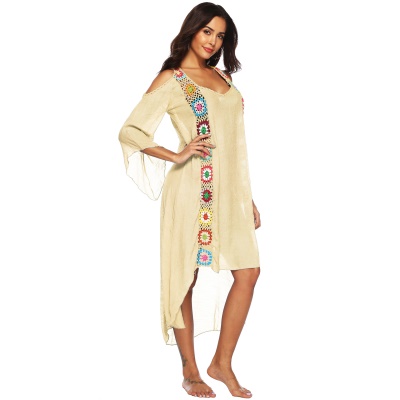 Femme robe main crochet patchwork épaule dénudée irrégulière