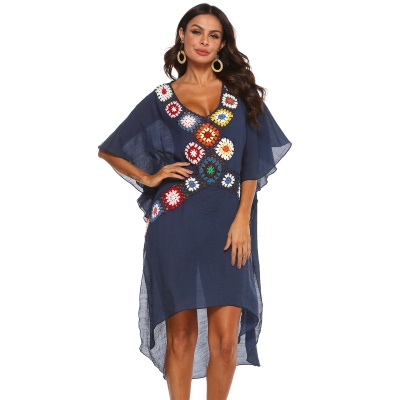Femme robe main crochet patchwork irrégulier fendue profondeur V
