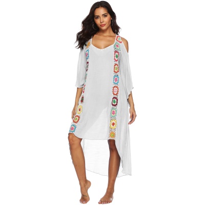 Femme robe main crochet patchwork épaule dénudée irrégulière