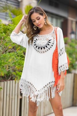 robe main crochet patchwork franges lâche couleur unie