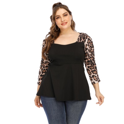 Top femme imprimé léopard patchwork plis manches sept points