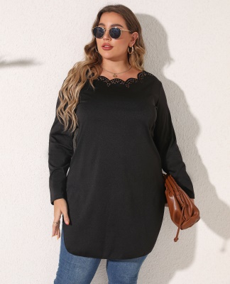 Haut femme brûlé fleur creux fendue col ondulé