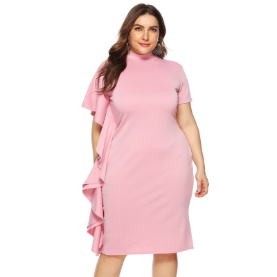 Robe femme col roulé patchwork volants rose