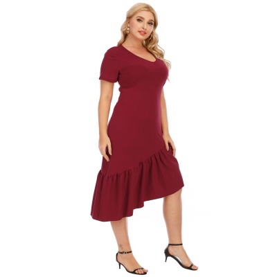 Robe grande taille à volants col V manches courtes