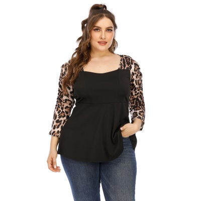 Top femme imprimé léopard patchwork plis manches sept points