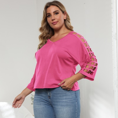 Haut femme creux fleur col V manches chauve-souris