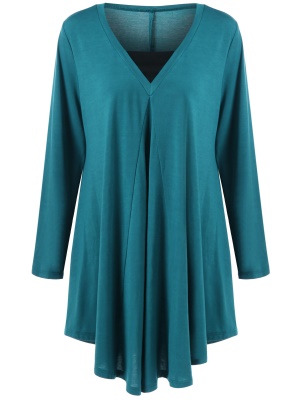 Robe femme col V type coton mélangé couleur unie