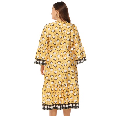 Robe femme imprimé végétal manches évasées avec volants