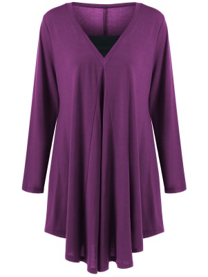 Robe femme col V type coton mélangé couleur unie