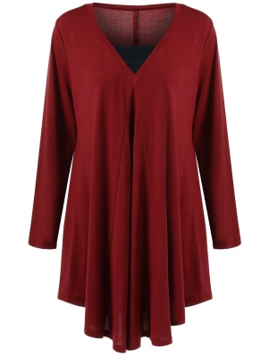 Robe femme col V type coton mélangé couleur unie