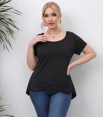 Top femme brûlée fleur creuse noir droit