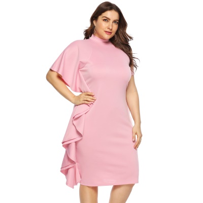 Robe femme col roulé patchwork volants rose