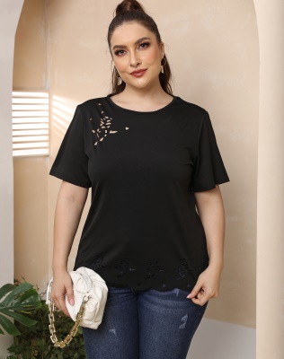 Top femme brûlé fleur ajourée Tissu droit noir