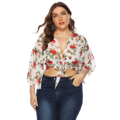 Top femme rose fleur imprimé manches cornes cardigan noué