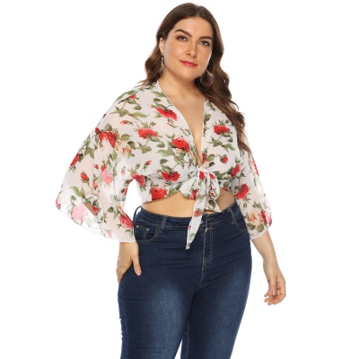 Top femme rose fleur imprimé manches cornes cardigan noué