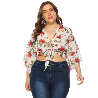Top femme rose fleur imprimé manches cornes cardigan noué