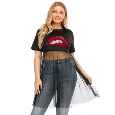 T shirt à manches courtes avec paillettes brodées avec filet