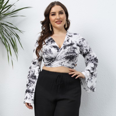 Top femme tie-dye imprimé bandoulière manches cornes