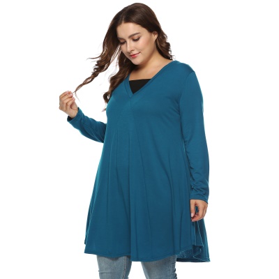 Robe femme col V type coton mélangé couleur unie
