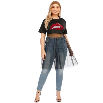 T shirt à manches courtes avec paillettes brodées avec filet
