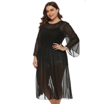 Robe femme filé filet transparent manches évasées noir