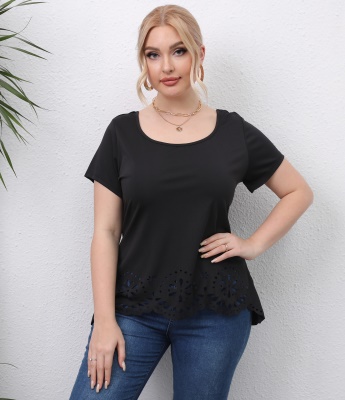Top femme brûlée fleur creuse noir droit