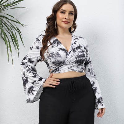 Top femme tie-dye imprimé bandoulière manches cornes