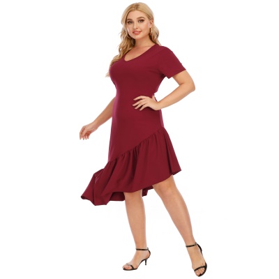 Robe grande taille à volants col V manches courtes