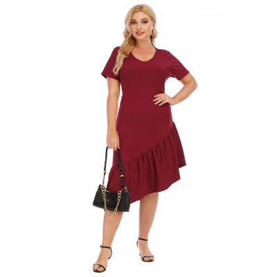 Robe grande taille à volants col V manches courtes
