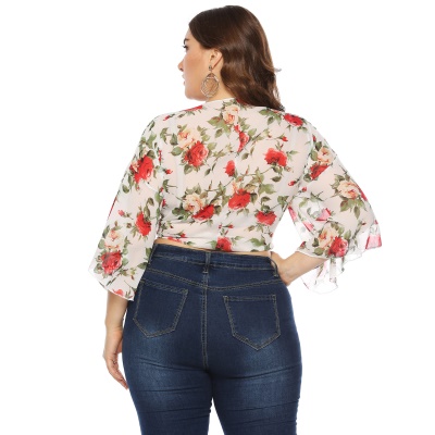 Top femme rose fleur imprimé manches cornes cardigan noué