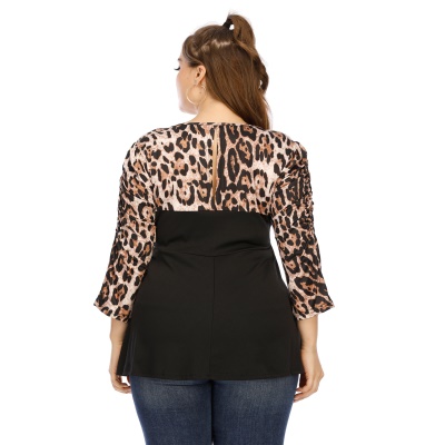 Top femme imprimé léopard patchwork plis manches sept points