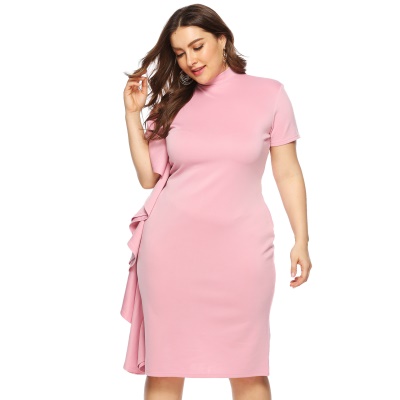 Robe femme col roulé patchwork volants rose