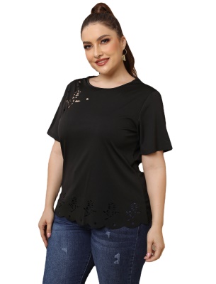 Top femme brûlé fleur ajourée Tissu droit noir