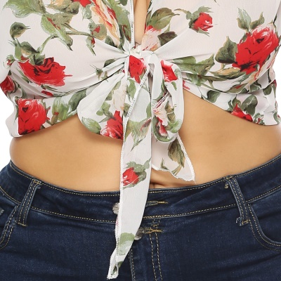 Top femme rose fleur imprimé manches cornes cardigan noué
